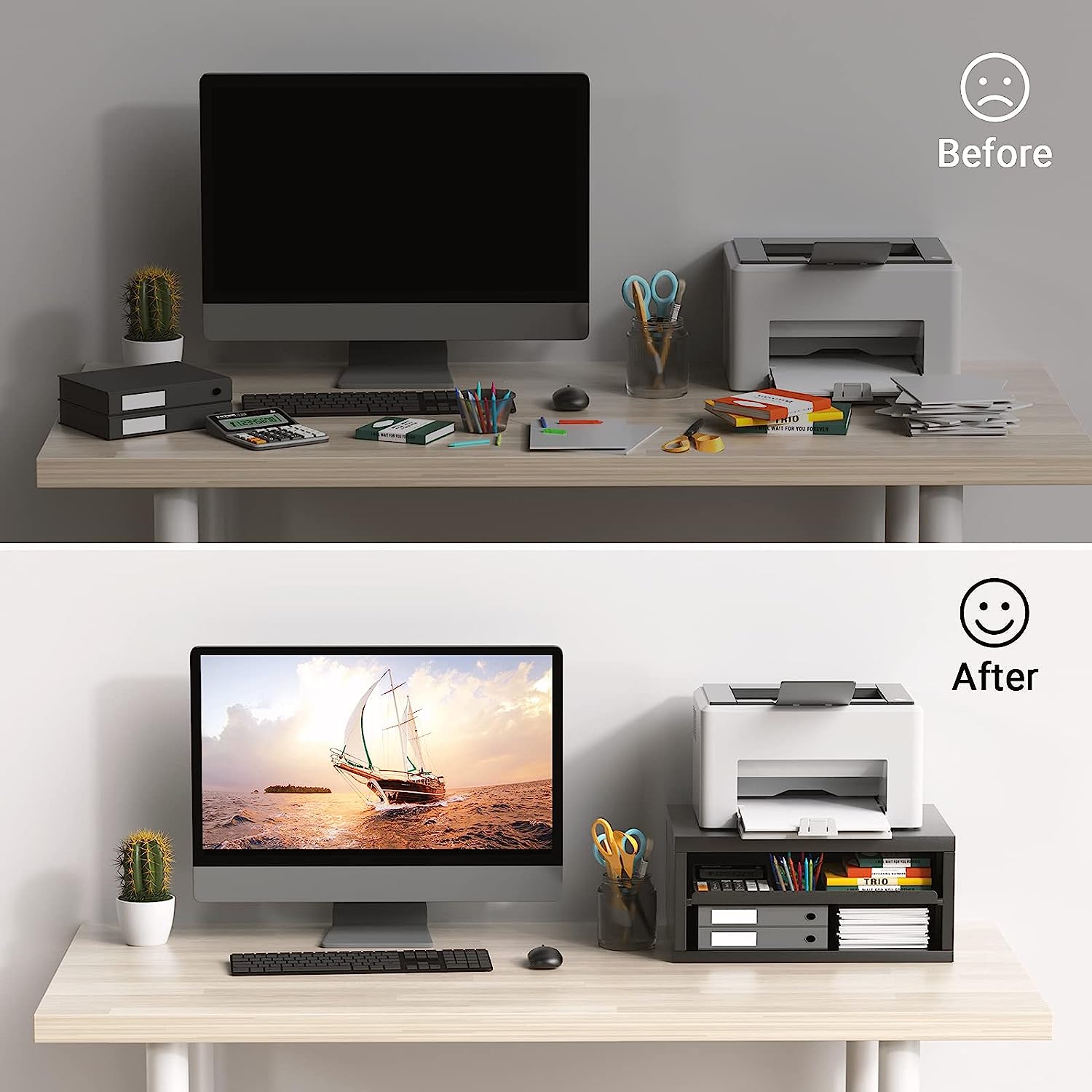 AMERIERGO Printer Stand, Desktop Printer Stand, Printer Stand with Storage, Desktop Stand for Printer with Anti - Skid Pads, Desk Organizer for Office & Home, Black - Image 2